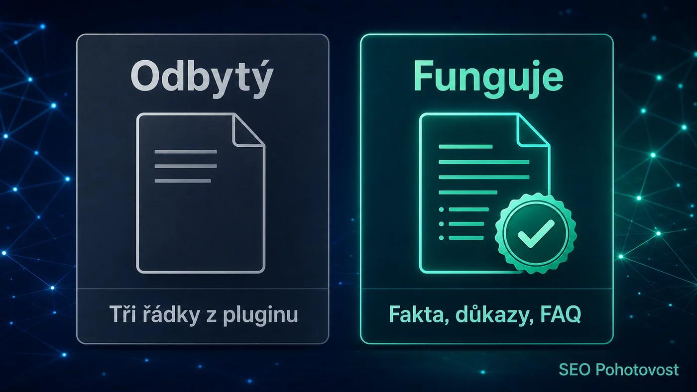 Srovnání: odbytý llms.txt z pluginu vs. llms.txt s doloženými fakty, který AI cituje