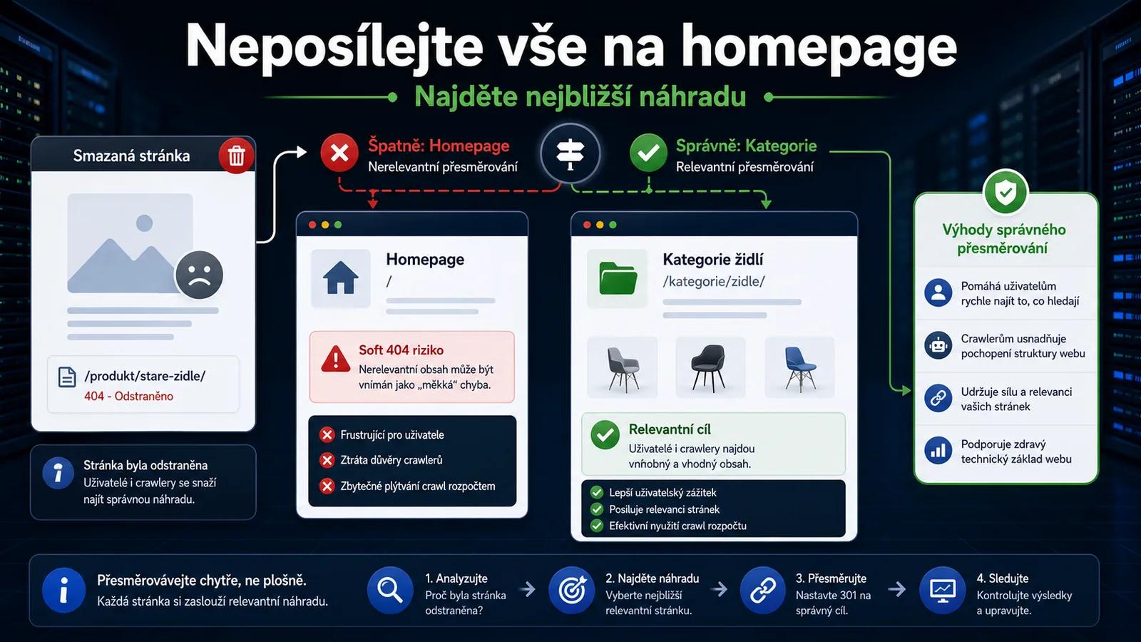 Infografika - Smrtelný hřích: Přesměrování na Homepage - 301 Přesměrování: SEO záchranná brzda (2026)