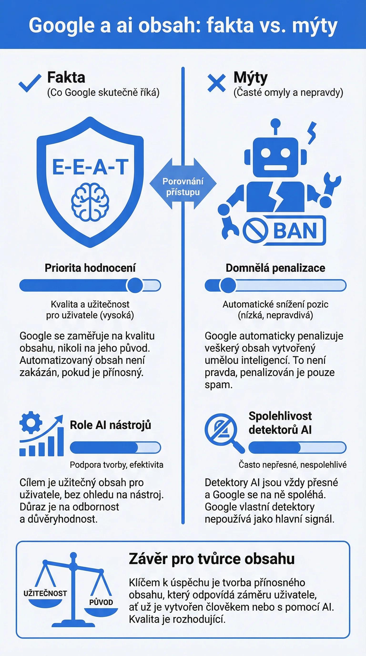 Infografika - Google a AI obsah: Fakta vs. mýty