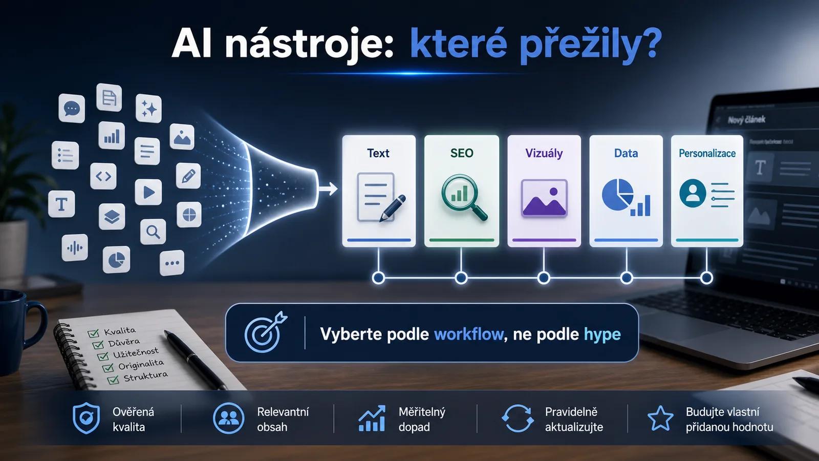 Infografika - AI nastroje pro tvorbu obsahu: Ktere prezily? - AI v Contentu 2026: Co leti a co uz ne?