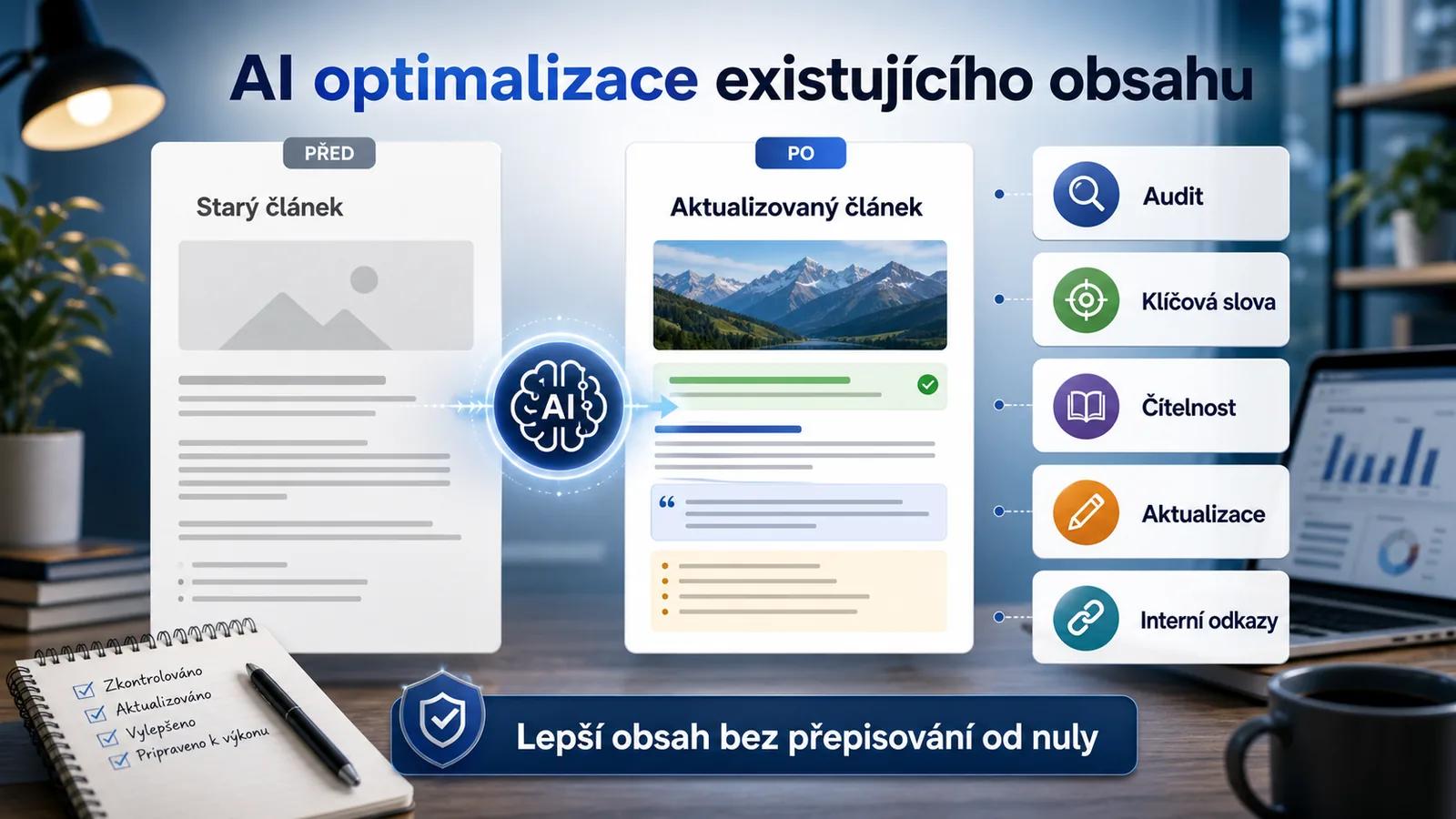 Infografika - Co funguje: AI a optimalizace existujiciho obsahu - AI v Contentu 2026: Co leti a co uz ne?