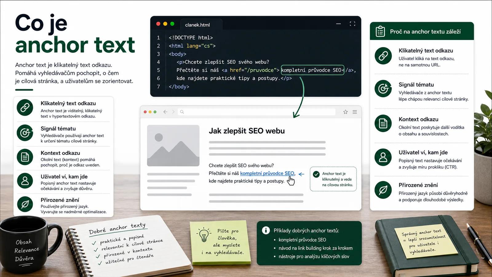 Infografika - Co je anchor text - Anchor Text: Kompletní průvodce správným používáním (2026)