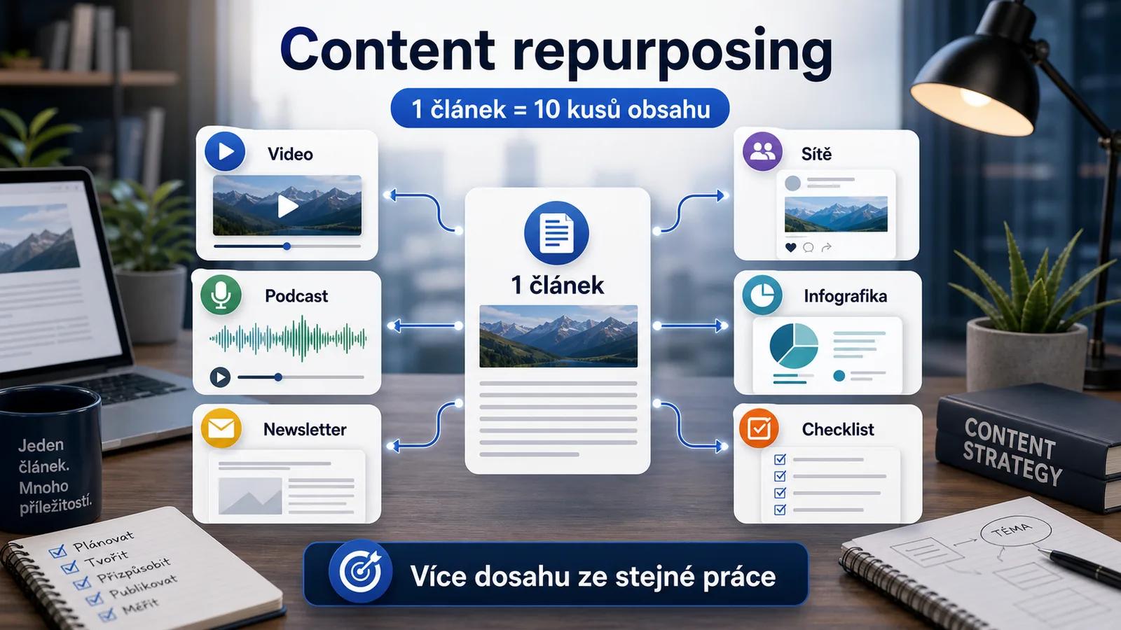 Infografika - Úvod: Proč je Content Repurposing Důležitý? - Content Repurposing: 1 článek = 10 kusů obsahu!