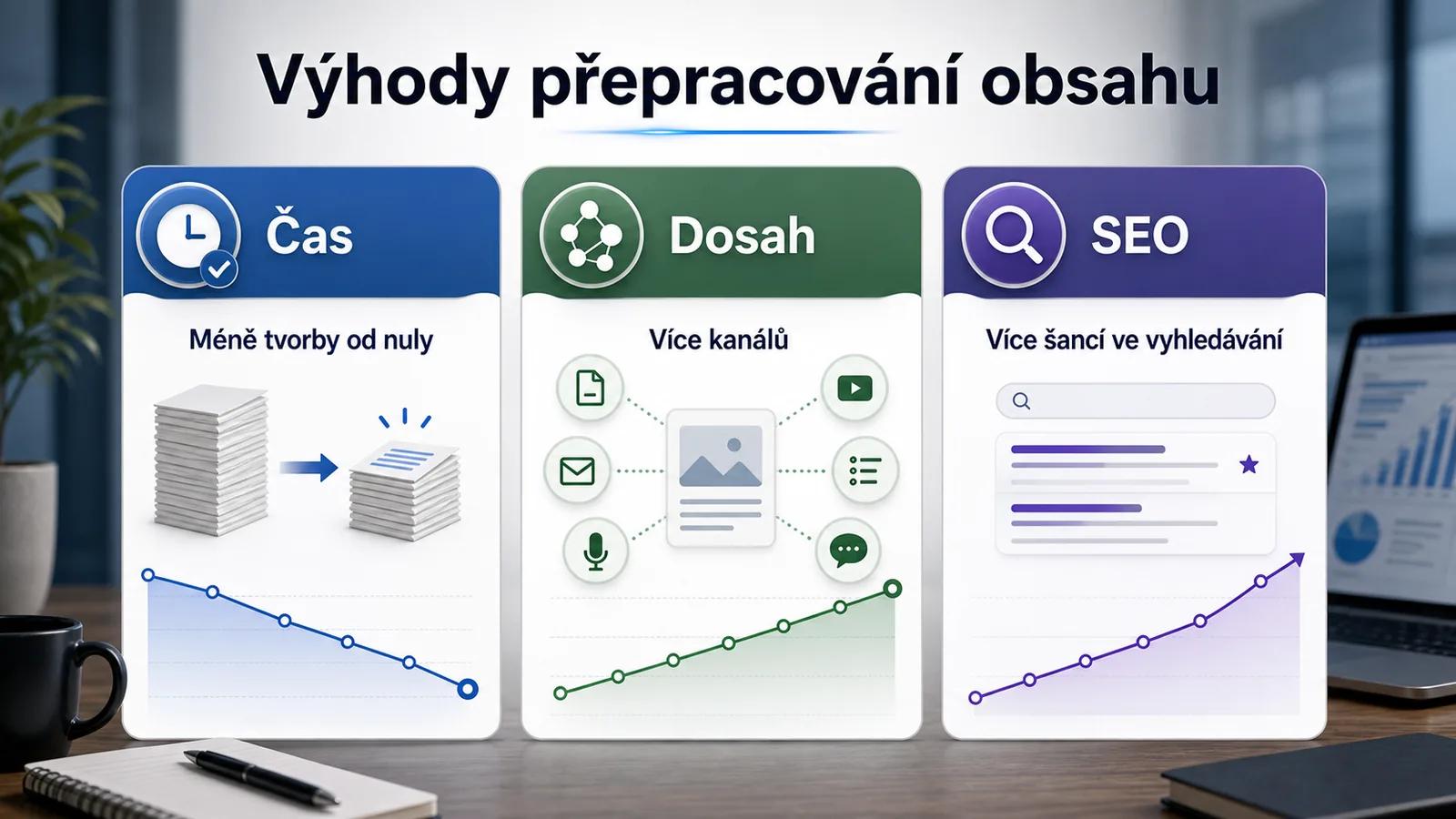 Infografika - Výhody Content Repurposingu: Čas, Dosah a SEO - Content Repurposing: 1 článek = 10 kusů obsahu!