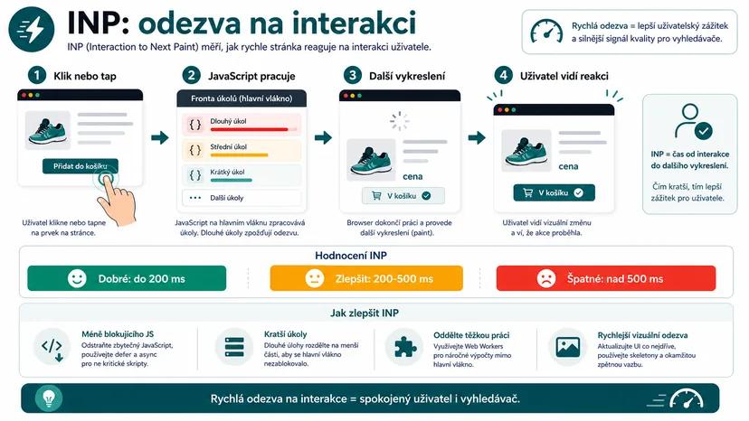 Infografika - INP: Interaction to Next Paint (Odezva na interakci) - Core Web Vitals: Jak rychlost webu ovlivňuje vaše pozice v Google