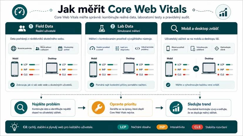 Infografika - Jak měřit Core Web Vitals - Core Web Vitals: Jak rychlost webu ovlivňuje vaše pozice v Google