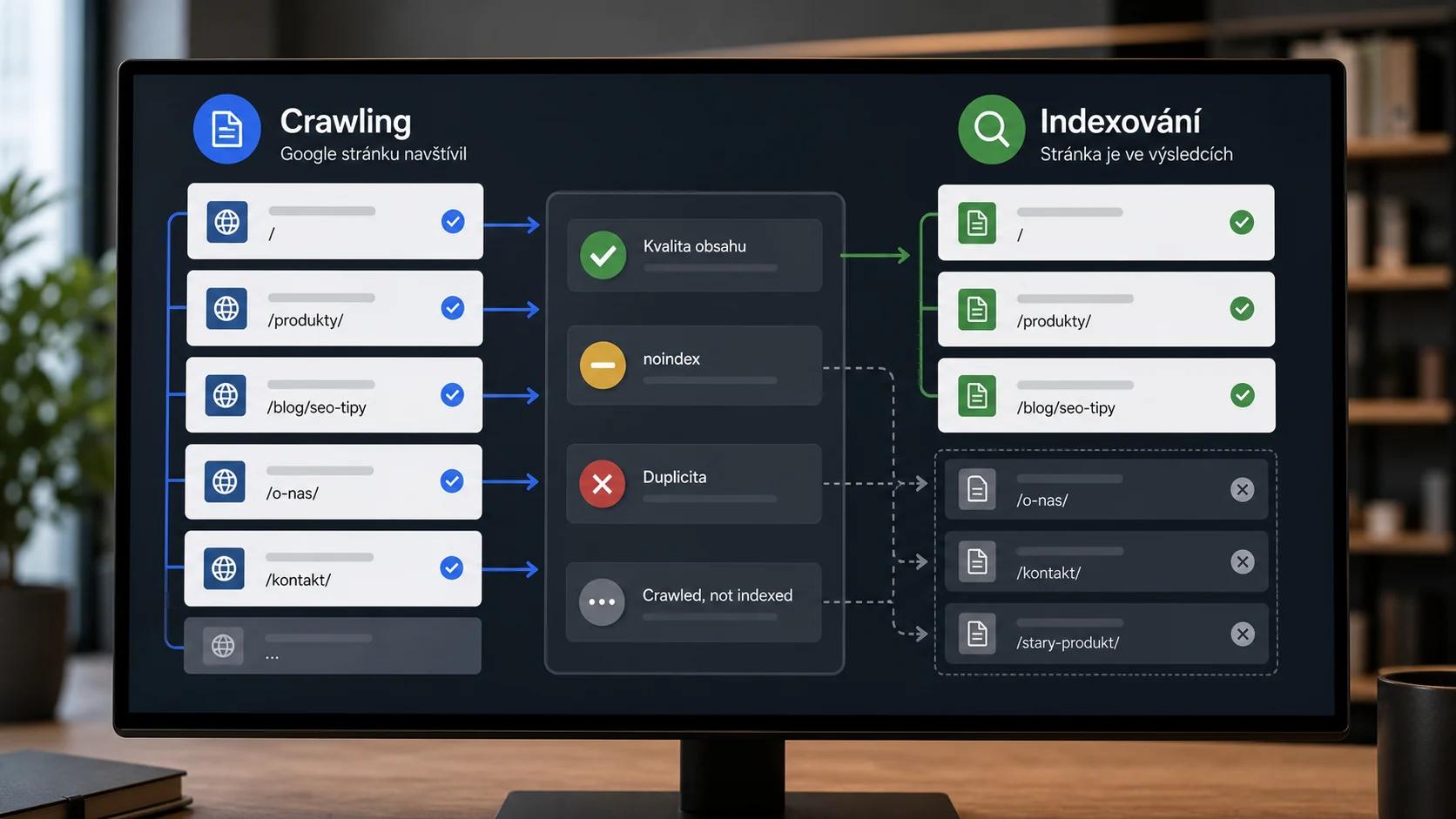 Graf - Crawling vs. Indexování: Klíčový rozdíl - Crawling: Proč Google nenalezne váš web a jak to napravit