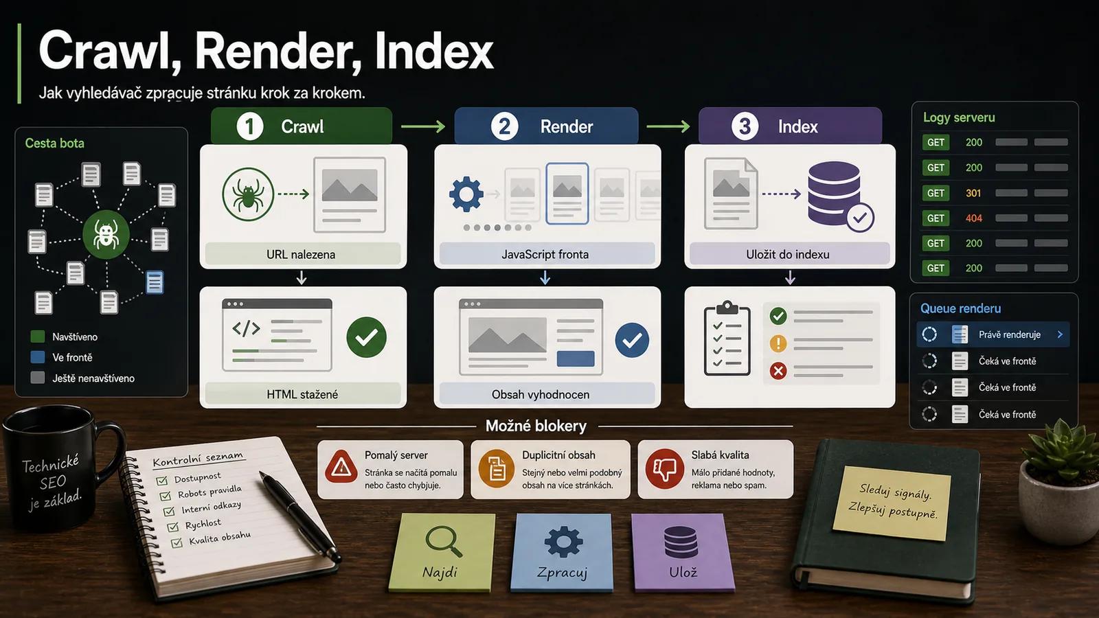 Infografika - Tři fáze života stránky: Crawl, Render, Index - Crawlování a Indexace 2026: Proč Google ignoruje váš obsah?