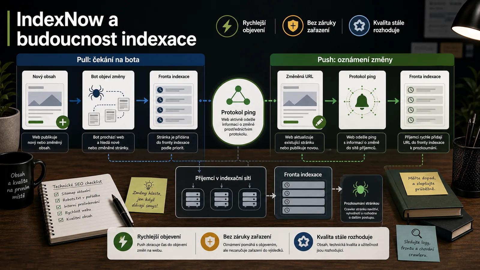 Infografika - IndexNow a budoucnost indexace - Crawlování a Indexace 2026: Proč Google ignoruje váš obsah?