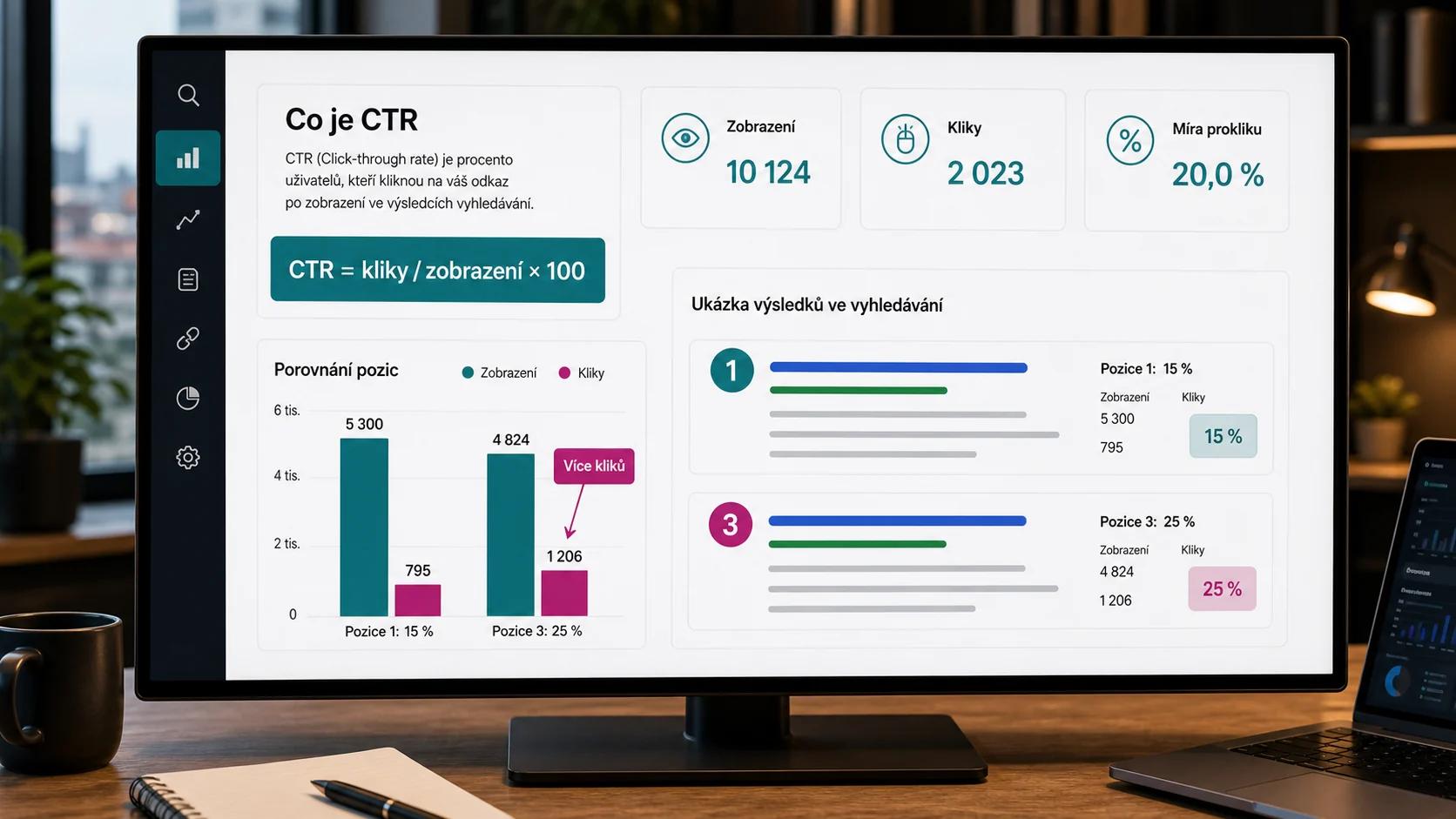 Infografika - Co je CTR (míra prokliku) - CTR : Proč pozice 3 může přinést víc návštěv než pozice 1