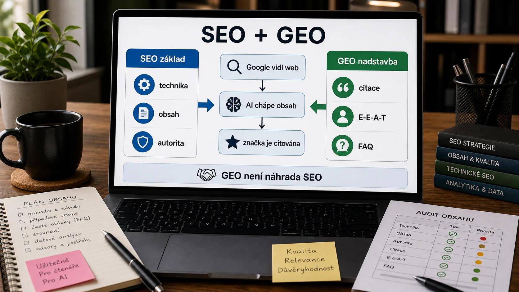 Infografika - GEO vs. SEO: Synergie - GEO: Optimalizace pro AI vyhledavace