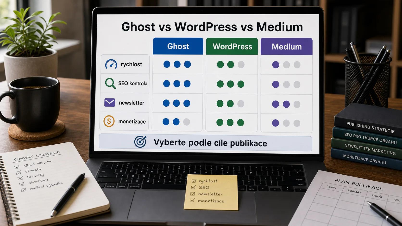 Srovnání Ghost, WordPress a Medium: rychlost, kontrola a monetizace.
