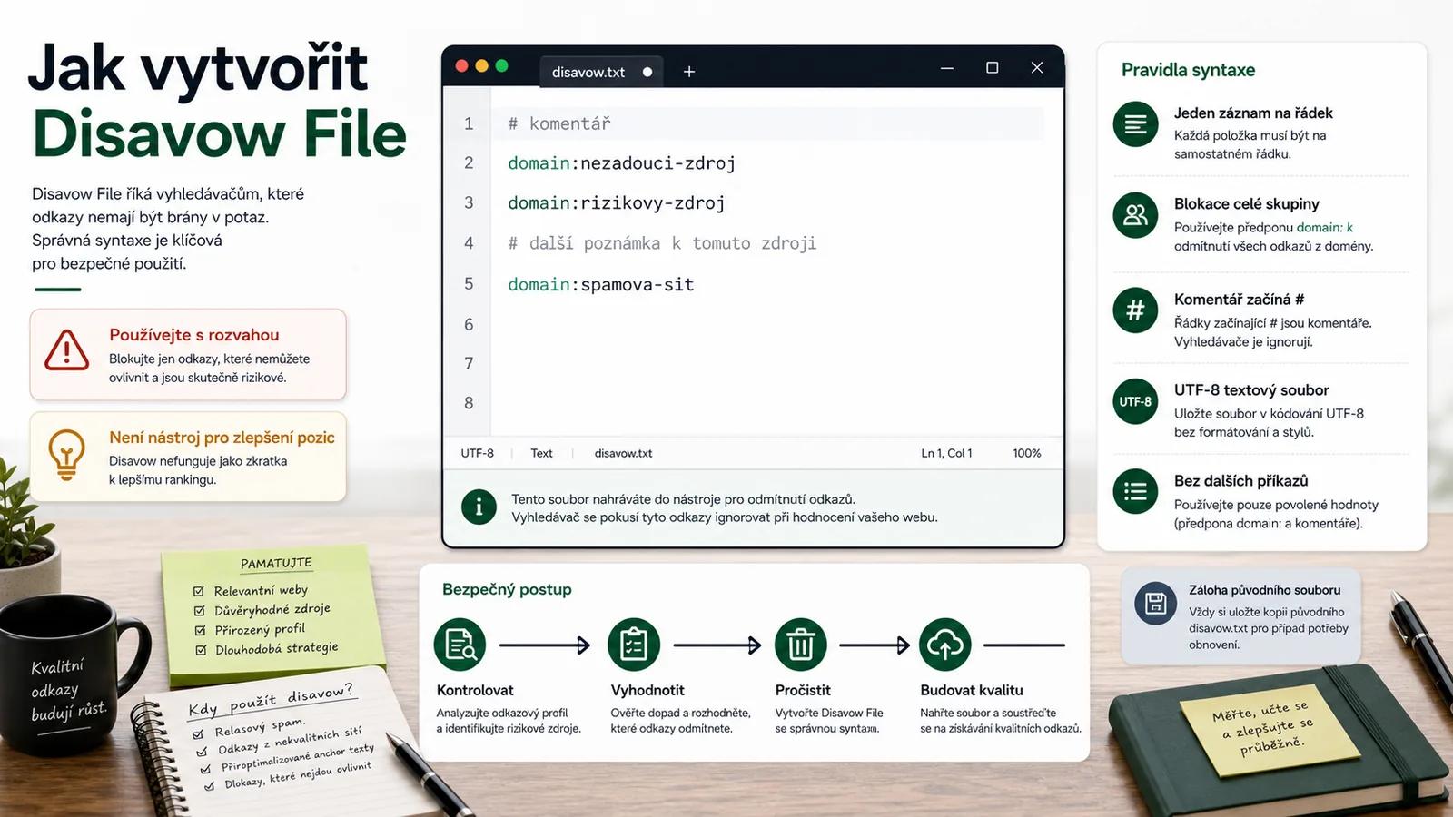 Infografika - Jak vytvořit Disavow File (Syntaxe, která nesmí selhat) - Google Disavow Tool: Nástroj zkázy nebo spásy?
