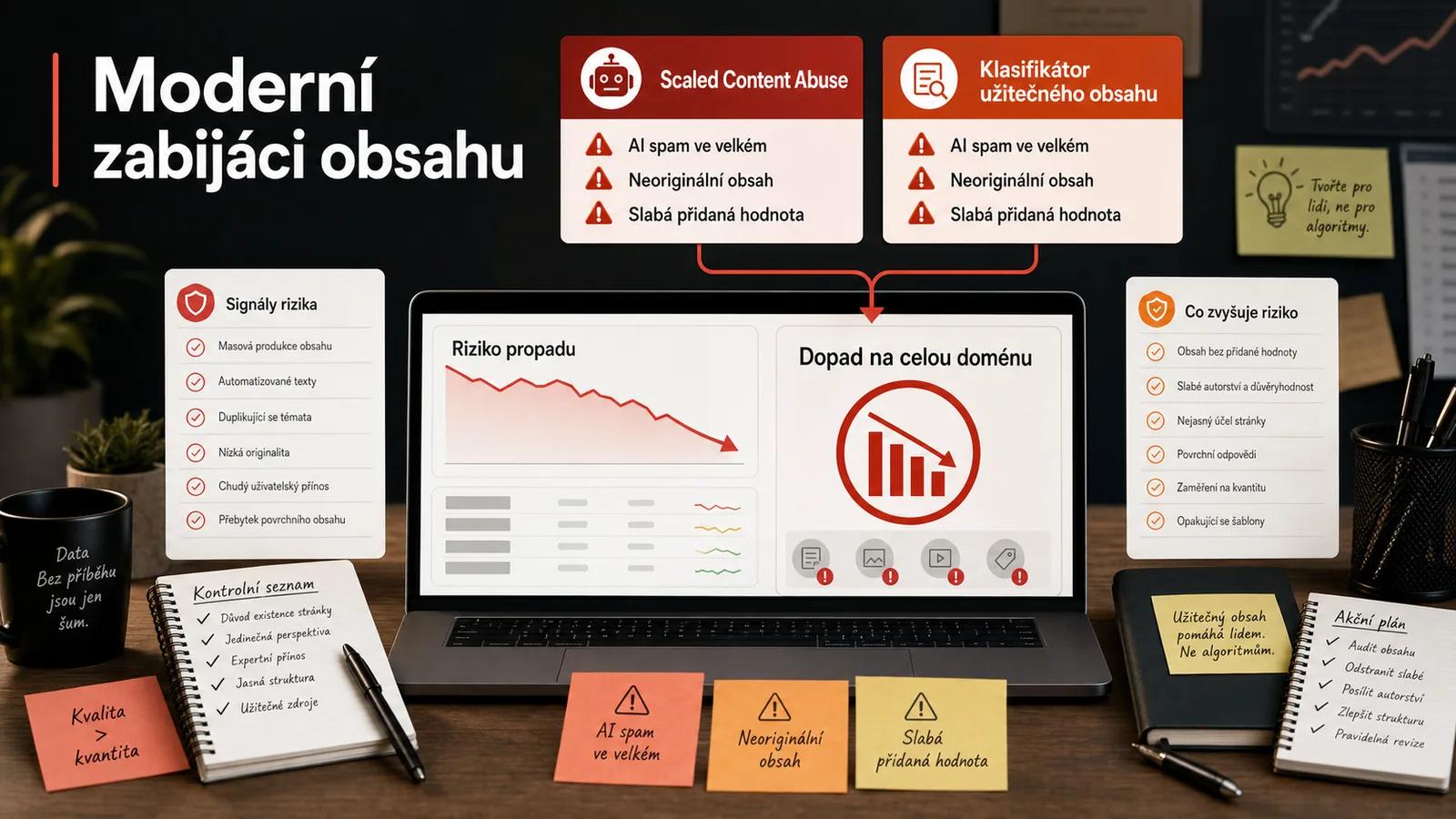 Infografika - Moderní zabijáci: Scaled Content Abuse a HCU - Google Penalizace v roce 2026: Manuální akce vs. Algoritmické peklo