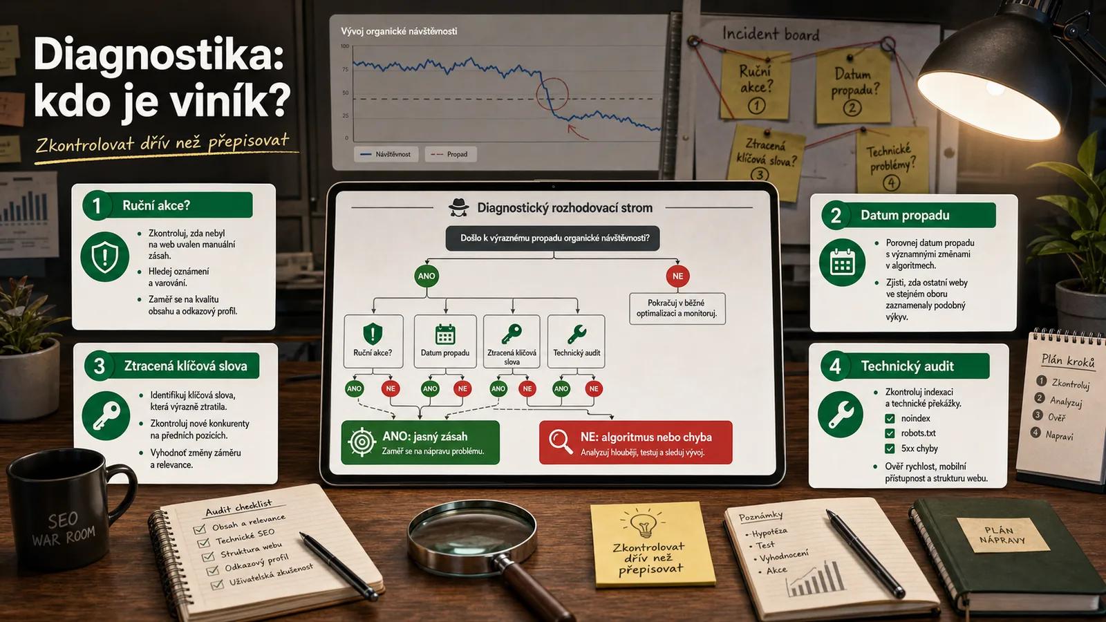 Infografika - Diagnostika: Kdo je vrah? - Google Penalizace v roce 2026: Manuální akce vs. Algoritmické peklo