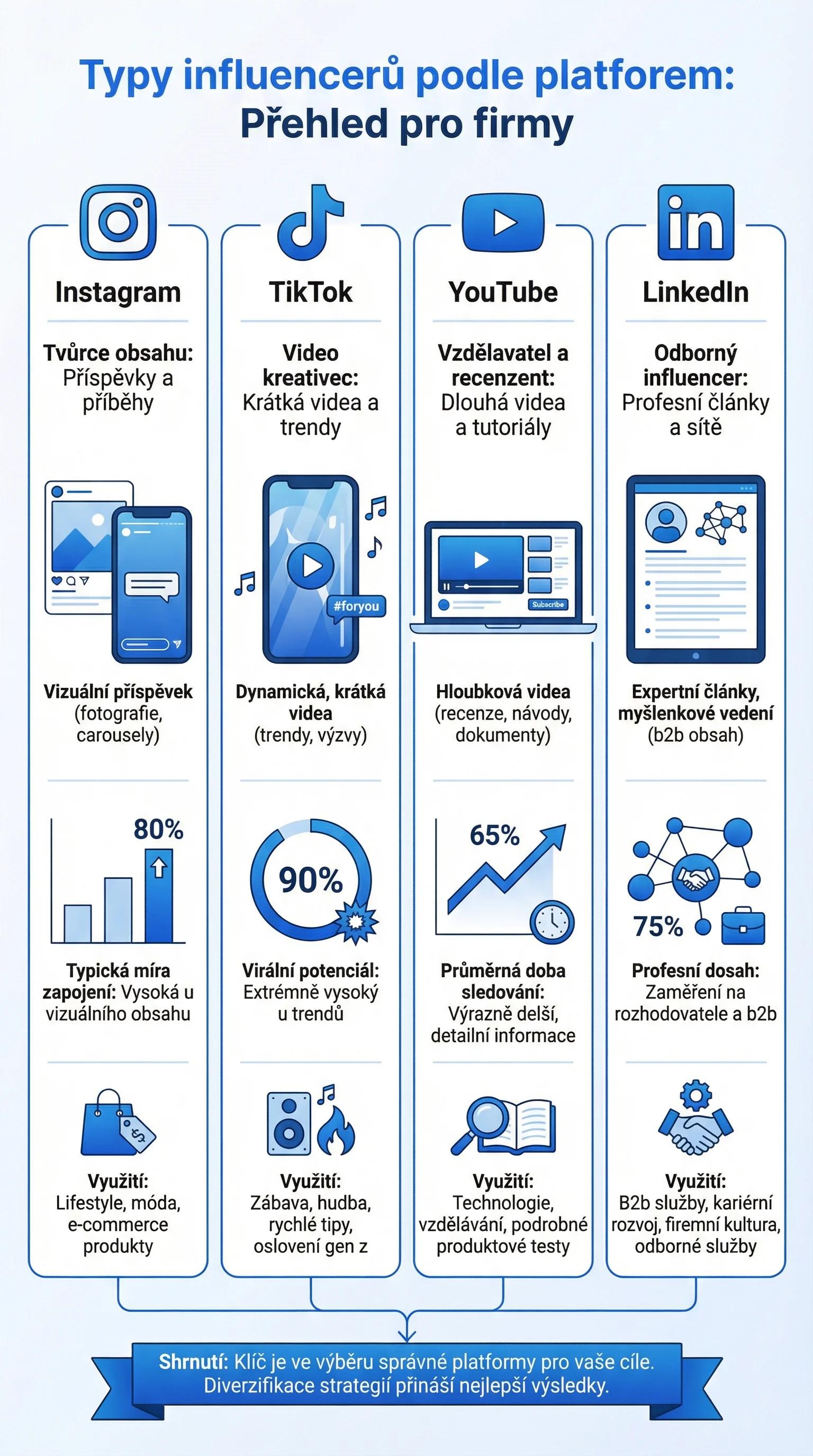 Infografika - Typy influencerů podle platforem