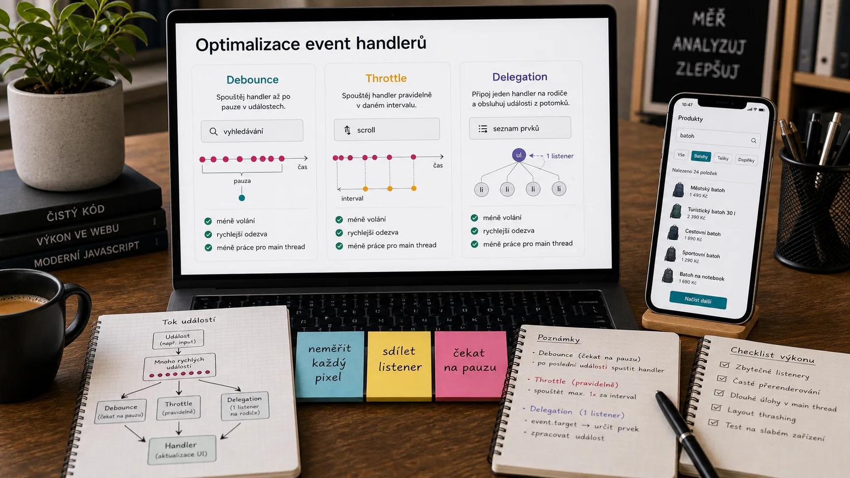 Ilustrace - Optimalizace event handlerů: debounce, throttle, delegation