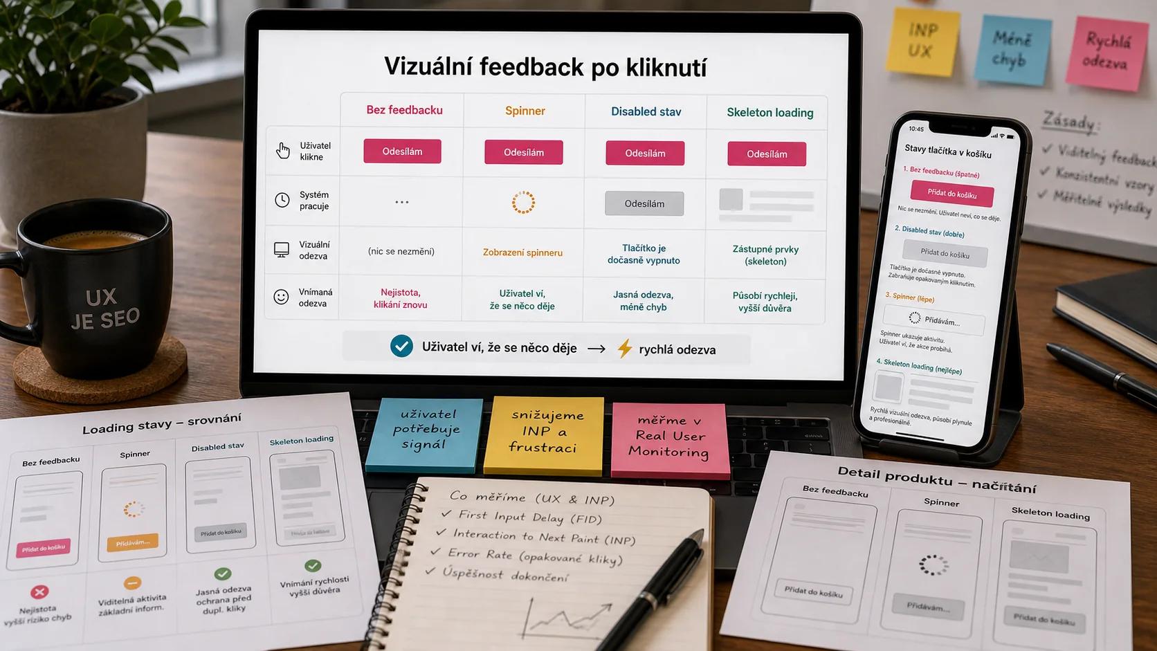 Ukázky vizuálního feedbacku - spinner, disabled state, skeleton loading