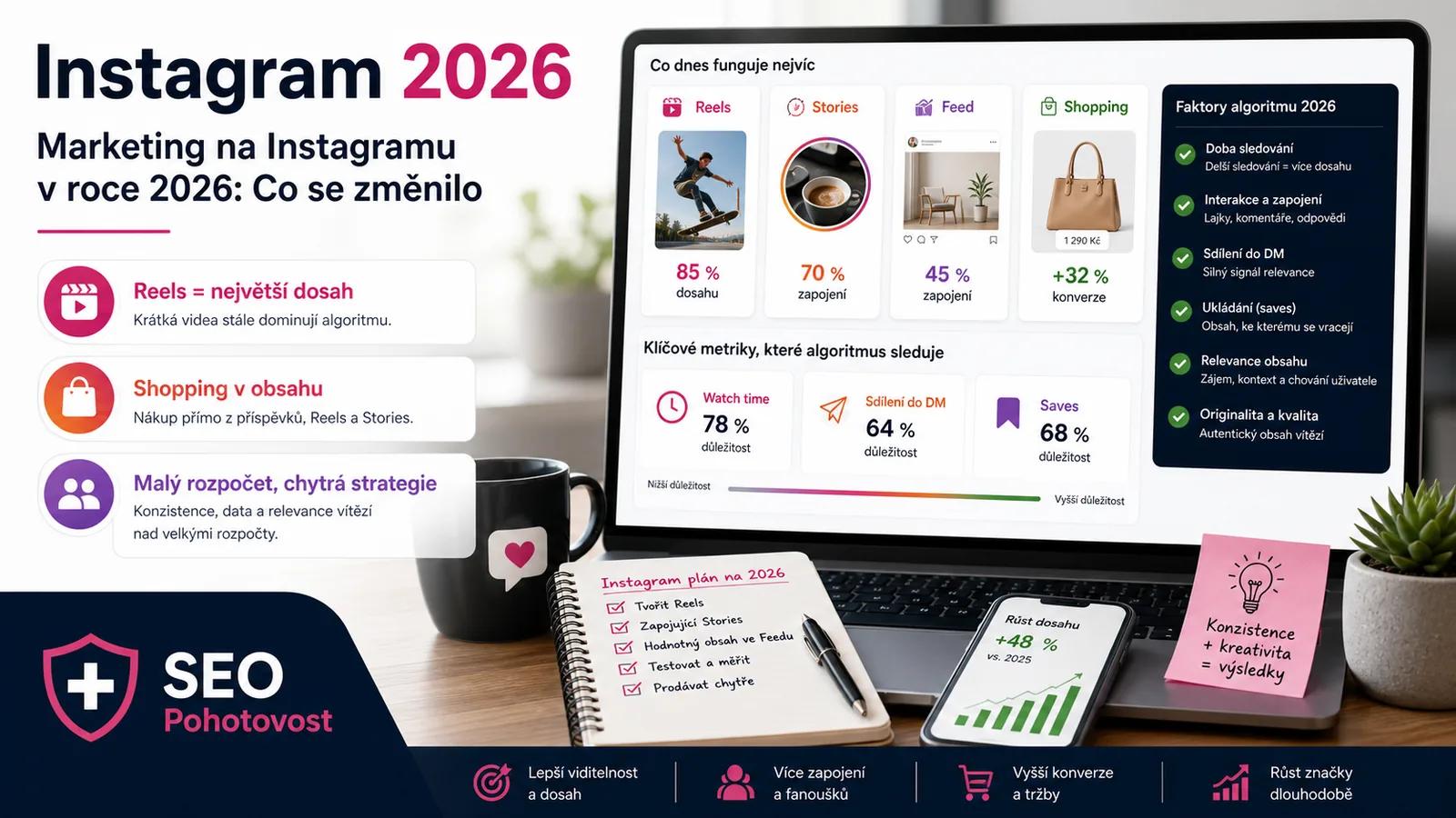 Algoritmus Instagramu 2026 - schéma zobrazující faktory ovlivňující dosah (reach): zapojení (engagement), watch time, shares