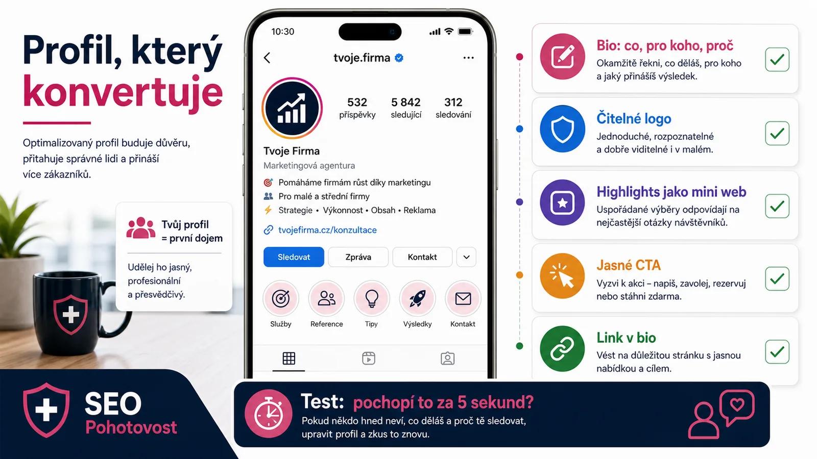 Optimalizace Instagram profilu - ukázka bio, profilového obrázku a highlights