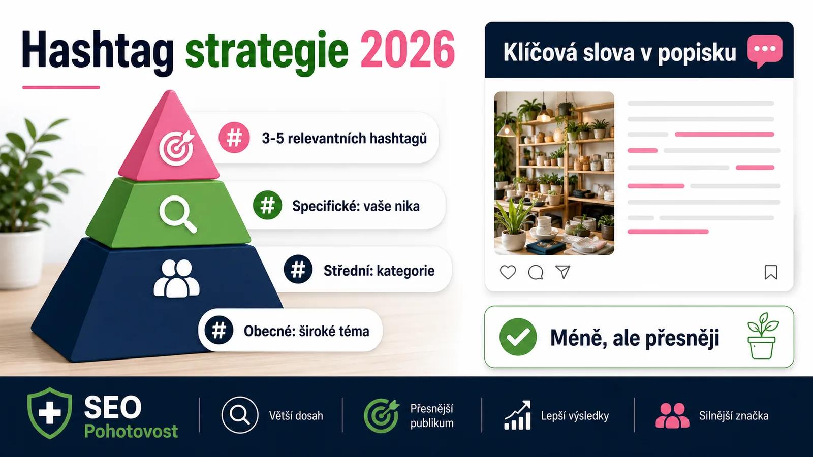 Hashtag strategie 2026 - pyramida hashtagů od niche po obecné