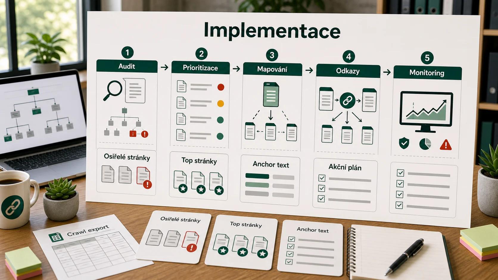 Infografika - Implementační strategie - Internal Linking: Kompletní průvodce strategií vnitřního prolinkování