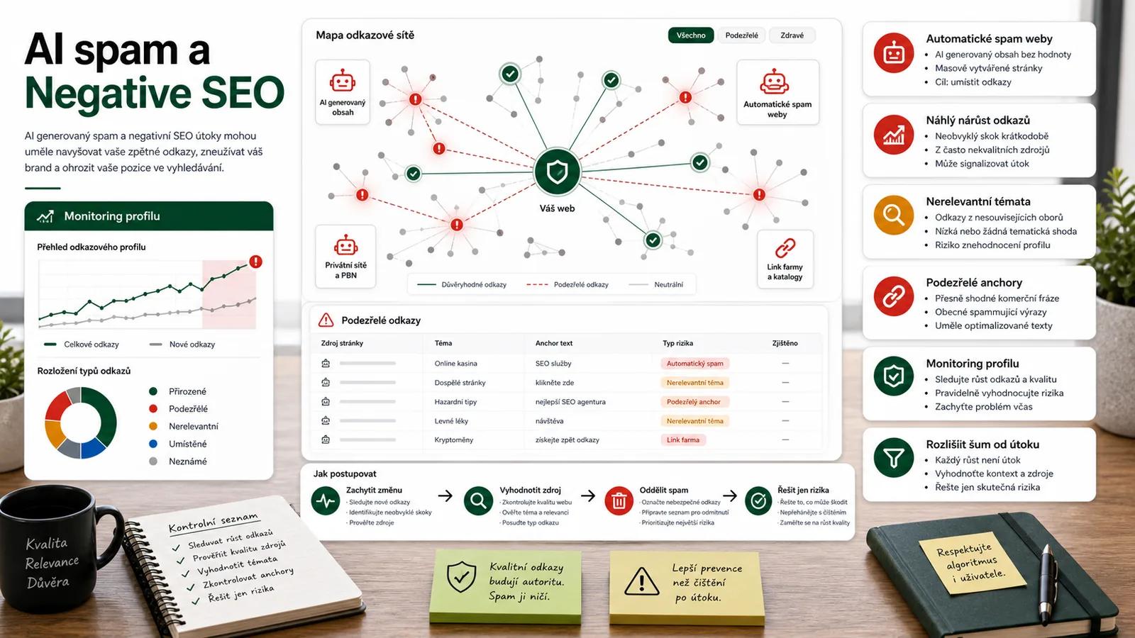 Infografika - AI Spam a Negative SEO v roce 2026 - Jak poznat toxický zpětný odkaz: Detektivní práce v roce 2026