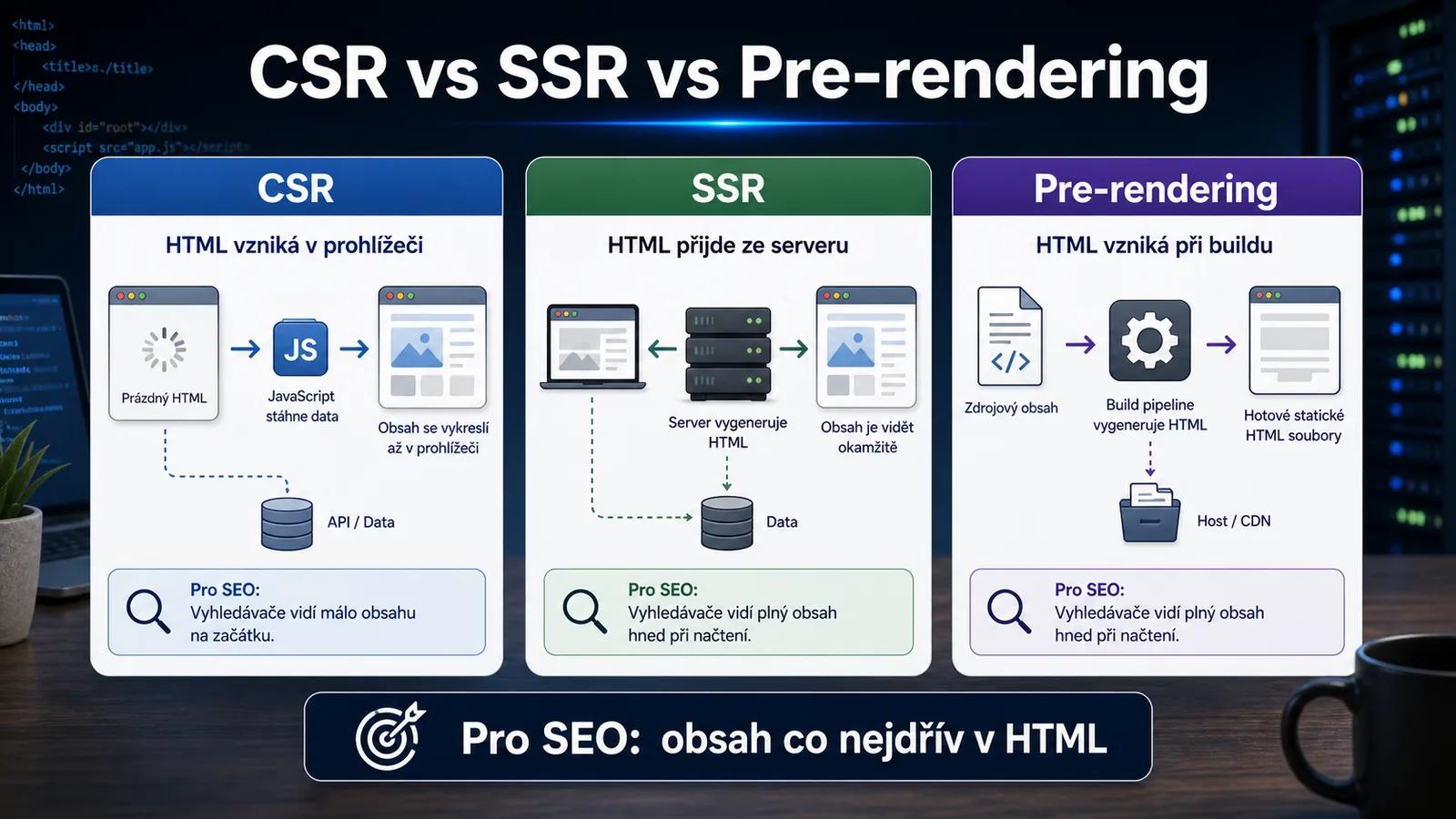 Infografika - Renderovani: Client-Side vs. Server-Side vs. Pre-rendering - JavaScript SEO: Pruvodce pro Vyvojare a Marketery