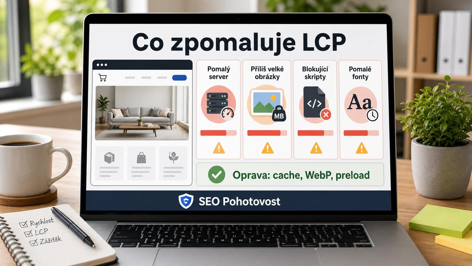 Infografika - Co zpomaluje LCP (a jak to opravit) - LCP: Proč se váš web načítá pomalu a jak to opravit