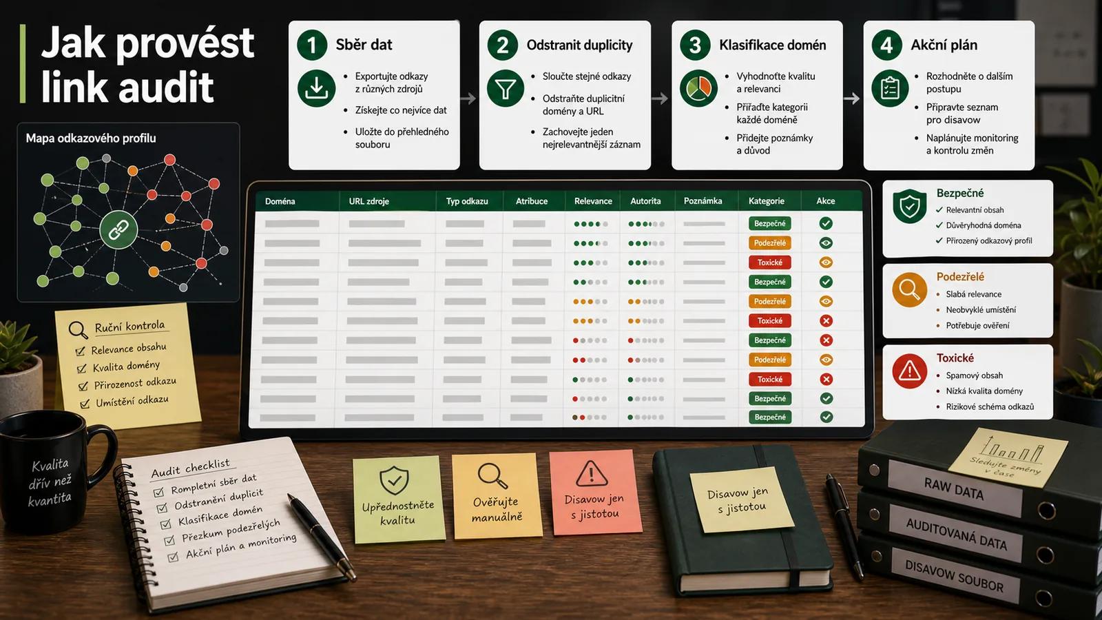 Infografika - Krok za krokem: Jak provést Link Audit - Link Audit: Kompletní průvodce kontrolou zpětných odkazů (2026)