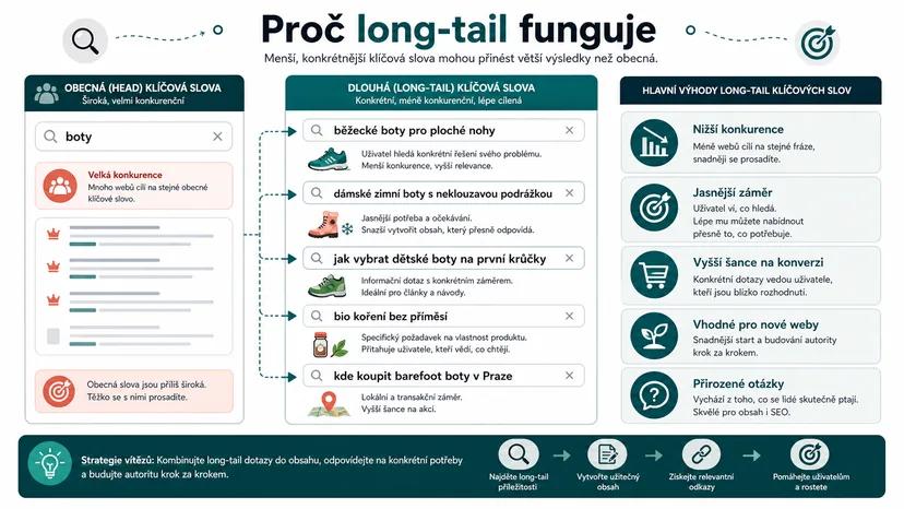 Infografika - Proč long-tail keywords fungují lépe (než si myslíte) - Long-Tail Keywords: Proč menší klíčová slova přinášejí větší výsledky