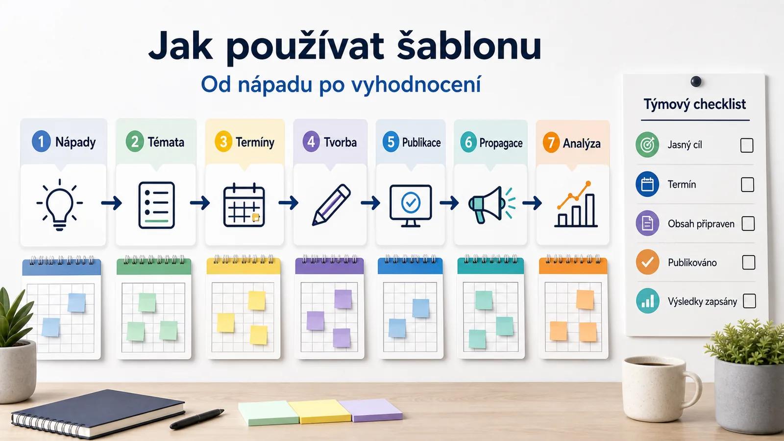 Infografika - Jak pouzivat sablonu obsahoveho kalendare: Krok za krokem - Obsahovy kalendar pro SMB: Sablona a Navod krok za krokem