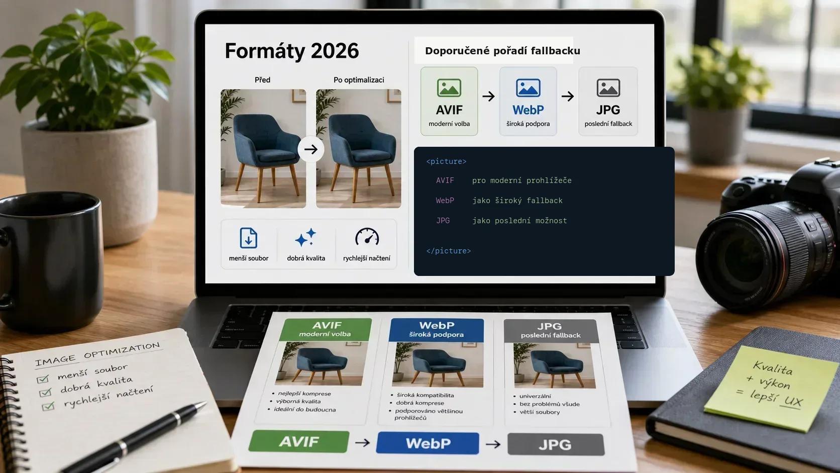 Infografika - Formáty 2026: Zapomeňte na JPG - Optimalizace obrázků pro SEO: Kompletní průvodce