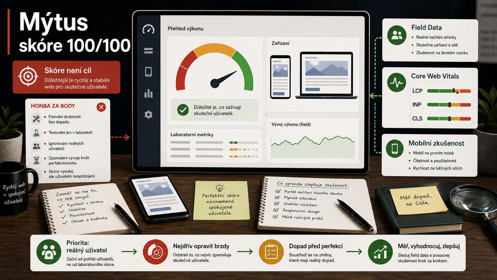 Infografika - Proč 100/100 není nutné (Mýtus zeleného skóre) - PageSpeed Insights: Kompletní návod, jak zrychlit web (2026)
