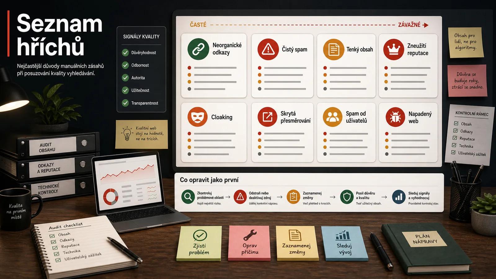 Infografika - Seznam hříchů: Za co vás Google zavře - Ruční akce v Google Search Console: Jak se nenechat vymazat z mapy (2026)