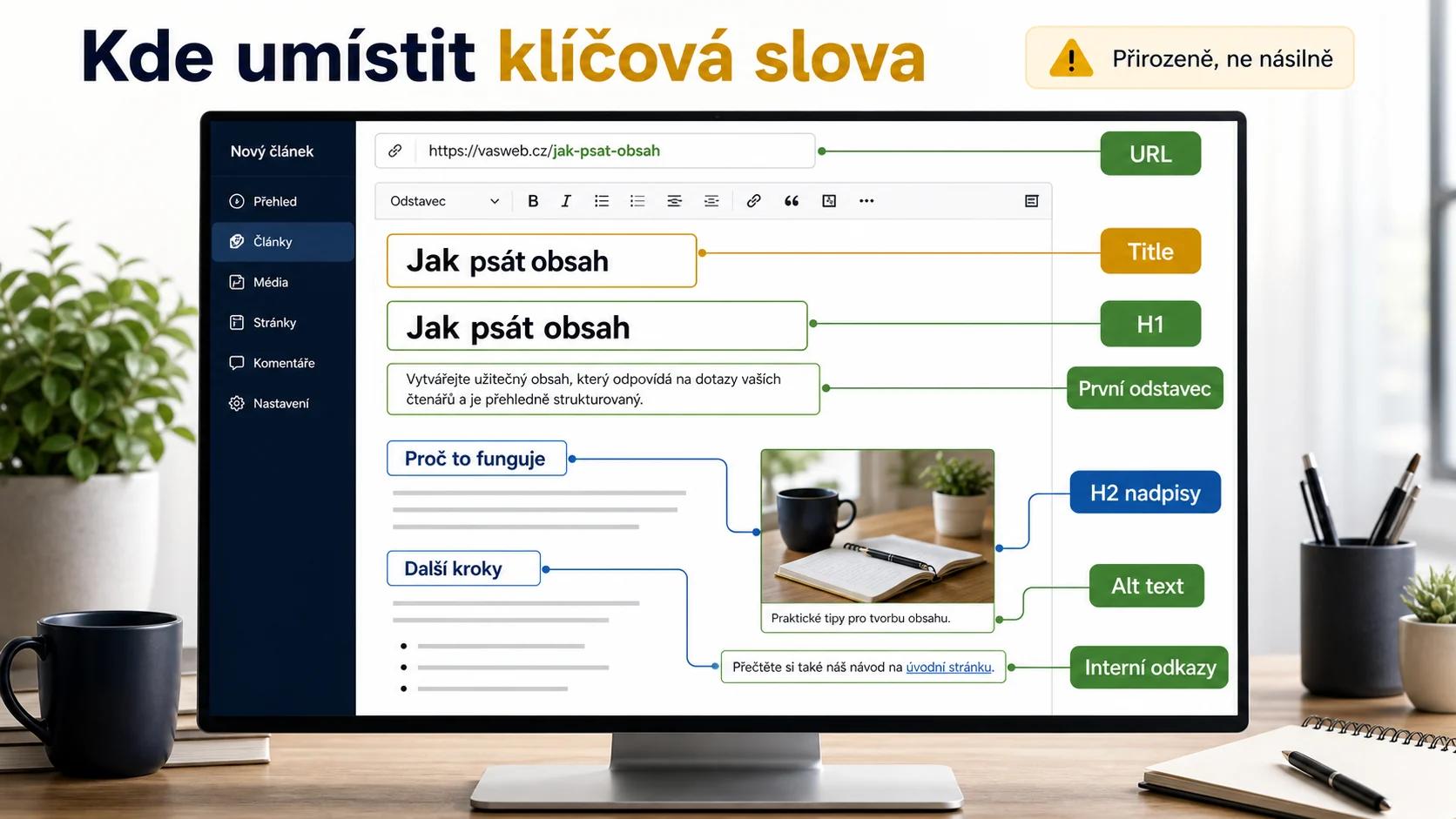 Infografika - Kde umístit klíčová slova - SEO Copywriting: Jak psát obsah pro vyhledávače i čtenáře (2026)