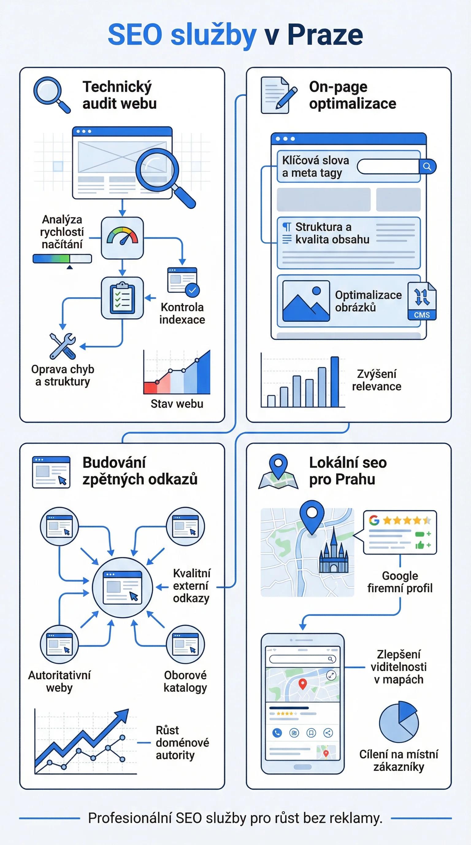 Infografika - Služby SEO v Praze: technický audit, on-page optimalizace, budování odkazů, lokální SEO