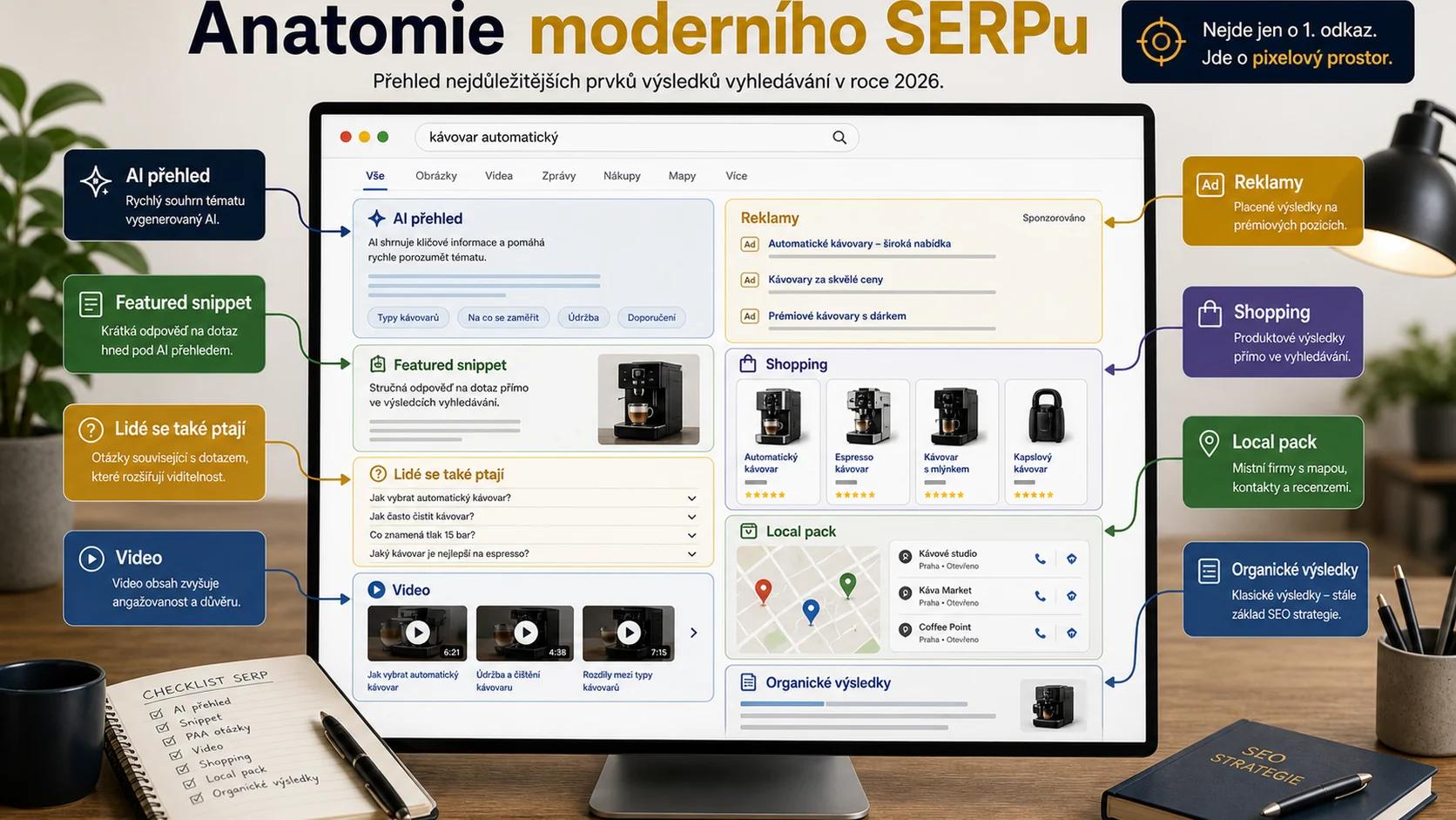 Infografika - Anatomie moderního SERPu (A kde jsou peníze) - SERP Features 2026: Jak ovládnout Google bez prvního místa