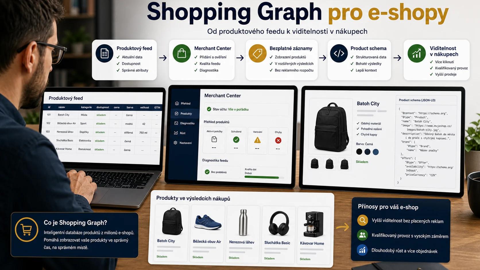 Infografika - 4. Shopping Graph a Merchant Center (Pro E-shopy) - SERP Features 2026: Jak ovládnout Google bez prvního místa