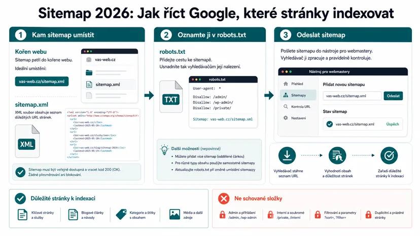Infografika - Kam sitemap umístit a jak ji odeslat - Sitemap: Jak říct Google, které stránky má indexovat