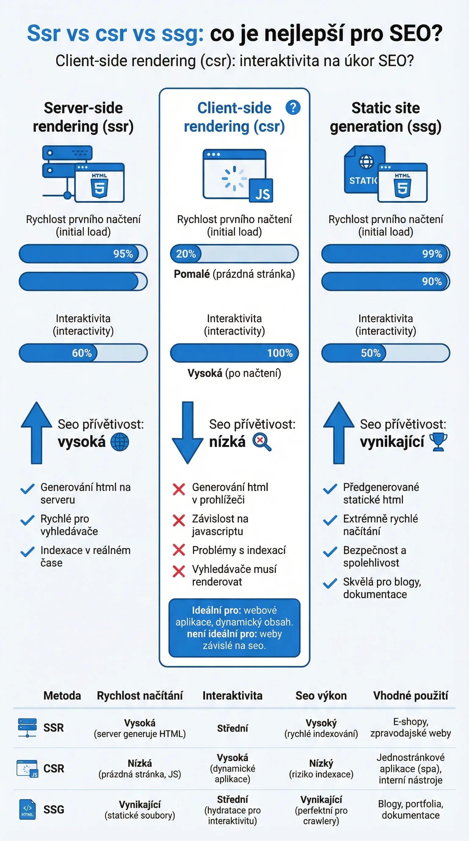 Infografika - Client-Side Rendering (CSR): Interaktivita na ukor SEO? - SSR vs CSR vs SSG: Co je nejlepsi pro SEO?