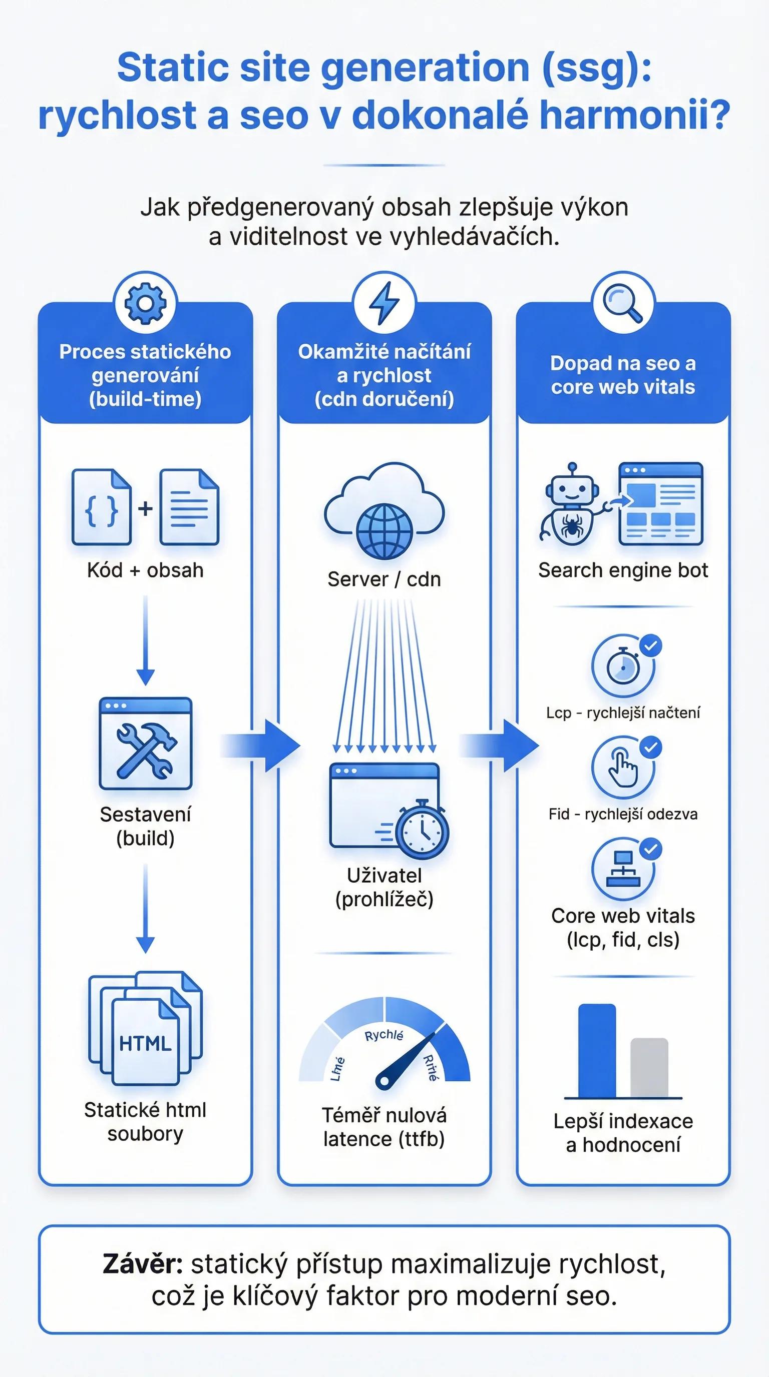 Infografika - Static Site Generation (SSG): Rychlost a SEO v harmonii - SSR vs CSR vs SSG: Co je nejlepsi pro SEO?