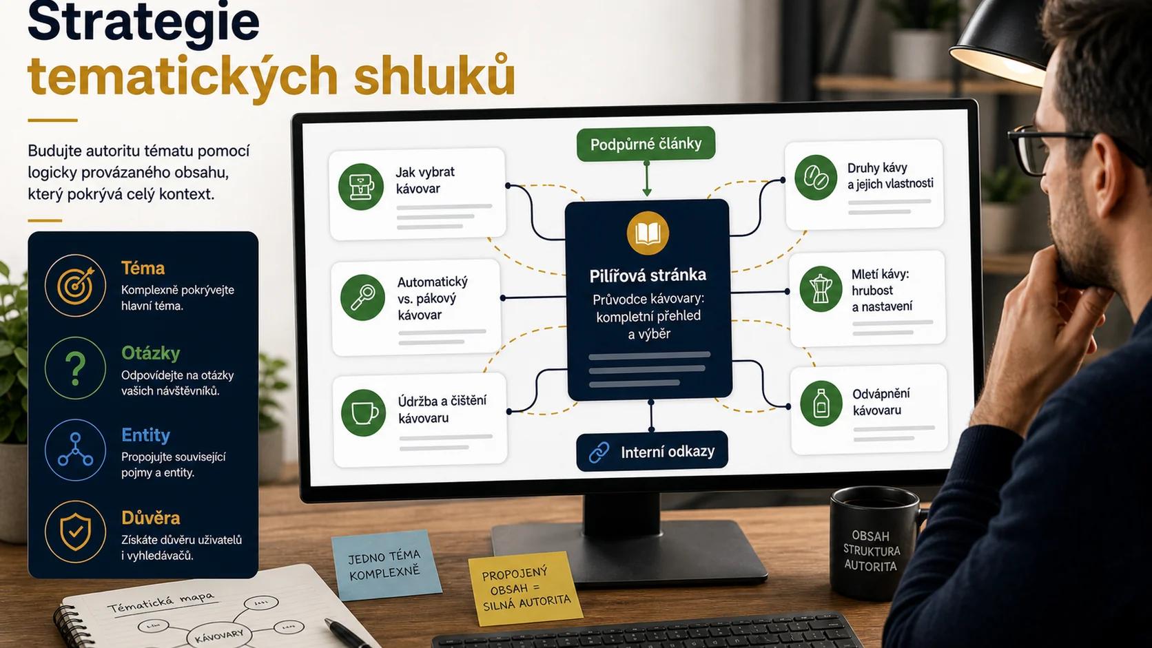 Infografika - Strategie tematických shluků - Tematická autorita: Jak porazit velké hráče bez obřích rozpočtů (Strategie 2026)