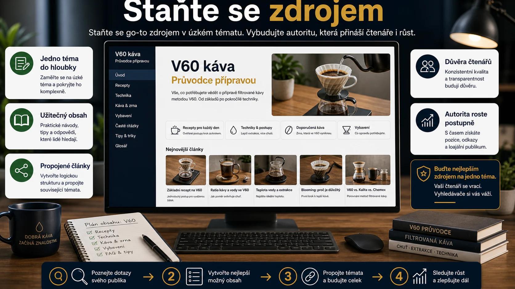 Infografika - Závěr: Staňte se zdrojem, za kterým všichni jdou - Tematická autorita: Jak porazit velké hráče bez obřích rozpočtů (Strategie 2026)