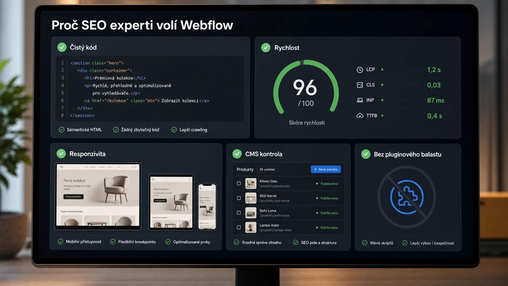 Infografika - Proc je Webflow Skvely pro SEO: Klicove Vyhody - Webflow SEO: Proc ho SEO experti miluji? Kompletni Pruvodce