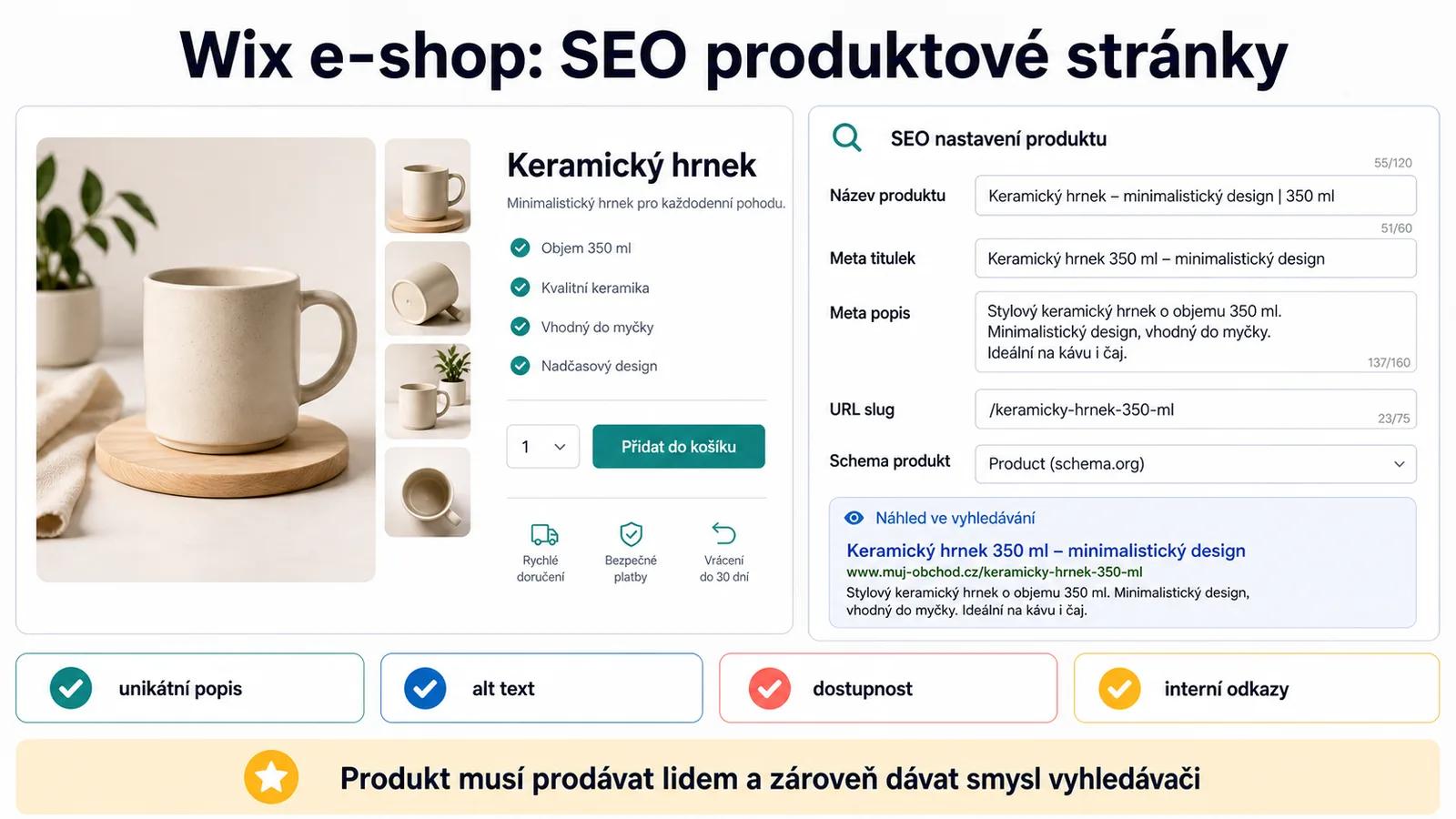 Wix e-shop: produktová stránka s SEO nastaveními a schema markup.