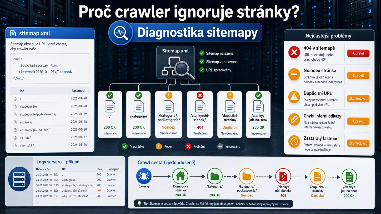 Infografika - Nevíte, proč Google ignoruje vaše stránky? - XML Sitemap: Mapa k pokladu, kterou Google potřebuje (2026)