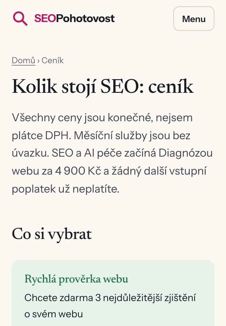Stránka ceníku na mobilu po opravě: nadpis, ceny a tlačítko