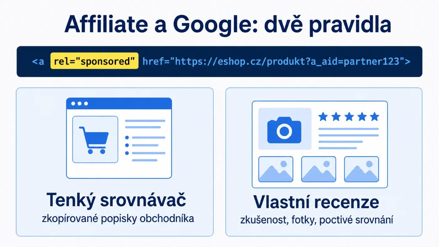 Affiliate a Google: odkazy s rel sponsored a rozdíl mezi tenkým srovnávačem a vlastní recenzí