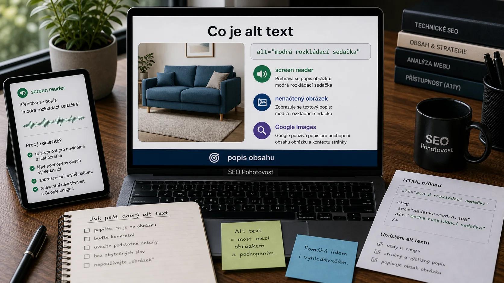 Co je alt text: popis obrázku v HTML kódu pro čtečky obrazovky, nenačtené obrázky a Google Images